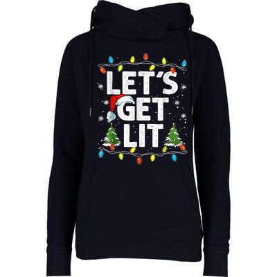 Lets Get Lit Funny Christmas Lights Tree Santa Hat Pajama Womens Funnel Neck Pullover Hood