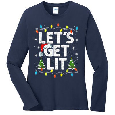 Lets Get Lit Funny Christmas Lights Tree Santa Hat Pajama Ladies Long Sleeve Shirt