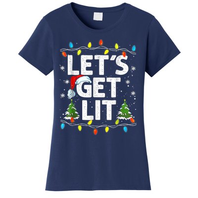 Lets Get Lit Funny Christmas Lights Tree Santa Hat Pajama Women's T-Shirt