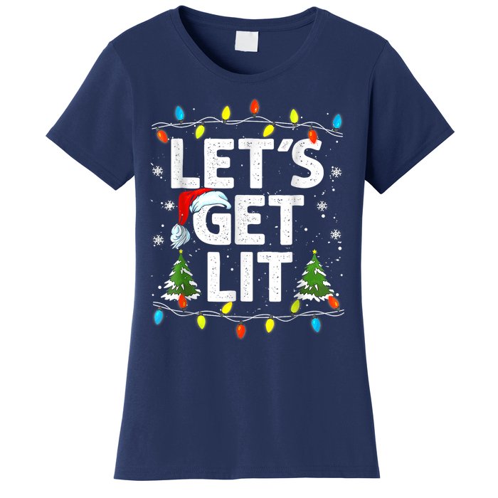 Lets Get Lit Funny Christmas Lights Tree Santa Hat Pajama Women's T-Shirt