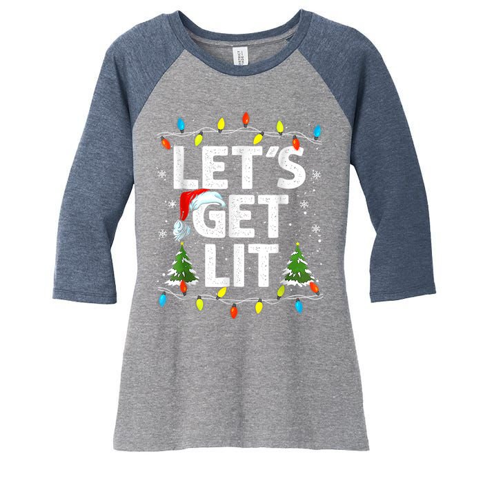 Lets Get Lit Funny Christmas Lights Tree Santa Hat Pajama Women's Tri-Blend 3/4-Sleeve Raglan Shirt