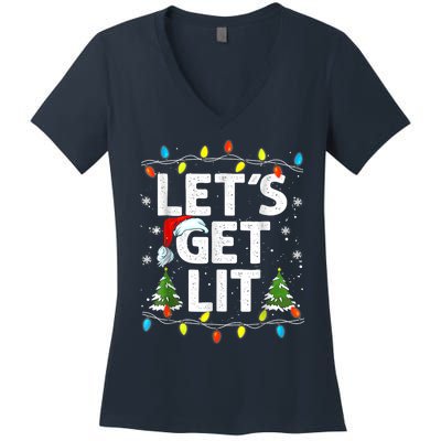 Lets Get Lit Funny Christmas Lights Tree Santa Hat Pajama Women's V-Neck T-Shirt