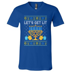 LetS Get Lit Ugly Hanukkah Chanukah Jewish Orah Gift V-Neck T-Shirt