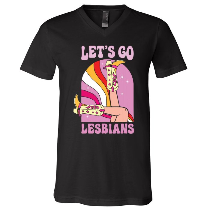 Lets Go Lesbians Lgbtq Lesbian Pride Month Cowgirl V-Neck T-Shirt