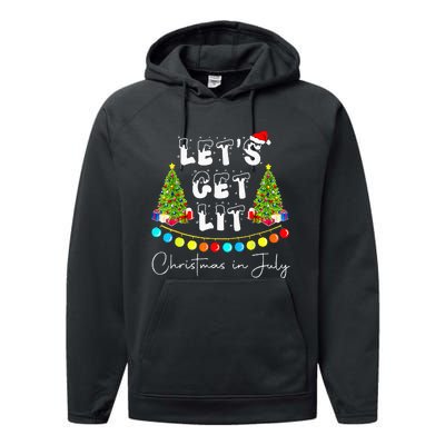 Lets Get Lit Christmas In July Santa Hat Xmas Tree Performance Fleece Hoodie