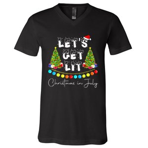 Lets Get Lit Christmas In July Santa Hat Xmas Tree V-Neck T-Shirt