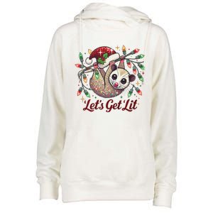 LetS Get Lit Drinking Santa Hat Funny Christmas Opossum Womens Funnel Neck Pullover Hood