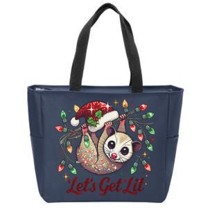 LetS Get Lit Drinking Santa Hat Funny Christmas Opossum Zip Tote Bag