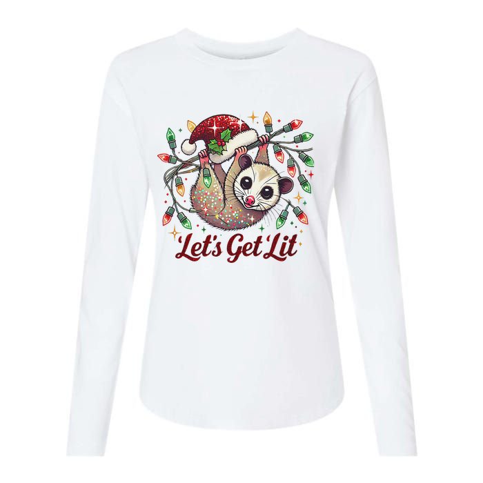 LetS Get Lit Drinking Santa Hat Funny Christmas Opossum Womens Cotton Relaxed Long Sleeve T-Shirt