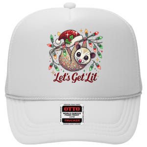 LetS Get Lit Drinking Santa Hat Funny Christmas Opossum High Crown Mesh Back Trucker Hat