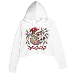 LetS Get Lit Drinking Santa Hat Funny Christmas Opossum Crop Fleece Hoodie