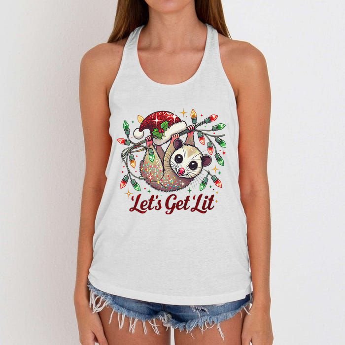 LetS Get Lit Drinking Santa Hat Funny Christmas Opossum Women's Knotted Racerback Tank