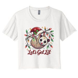 LetS Get Lit Drinking Santa Hat Funny Christmas Opossum Women's Crop Top Tee