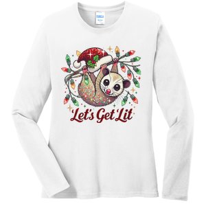 LetS Get Lit Drinking Santa Hat Funny Christmas Opossum Ladies Long Sleeve Shirt