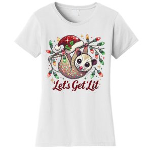 LetS Get Lit Drinking Santa Hat Funny Christmas Opossum Women's T-Shirt