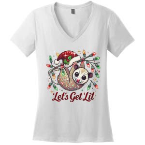 LetS Get Lit Drinking Santa Hat Funny Christmas Opossum Women's V-Neck T-Shirt