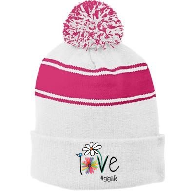 Love Gigi Life Art Flower Stripe Pom Pom Beanie