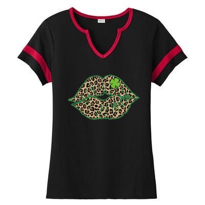 Leopard Green Lips Sexy Irish Culture Leaf Clover Funny St Cool Gift Ladies Halftime Notch Neck Tee