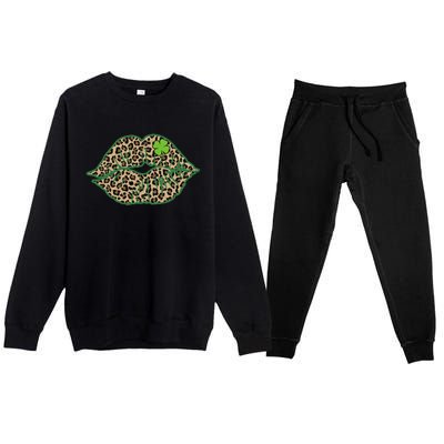 Leopard Green Lips Sexy Irish Culture Leaf Clover Funny St Cool Gift Premium Crewneck Sweatsuit Set