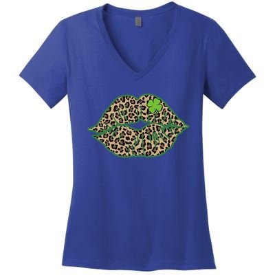 Leopard Green Lips Sexy Irish Culture Leaf Clover Funny St Cool Gift Women's V-Neck T-Shirt