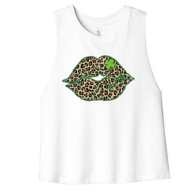 Leopard Green Lips Sexy Irish Culture Leaf Clover Funny St Cool Gift Women's Racerback Cropped Tank