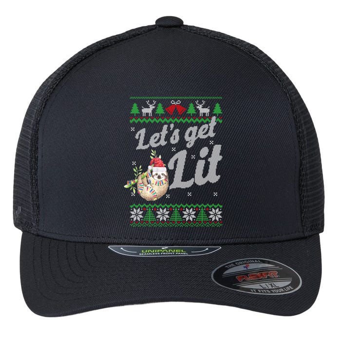 Let's Get Lit Funny Sloth Christmas Funny Sloth Lovers Meaningful Gift Flexfit Unipanel Trucker Cap