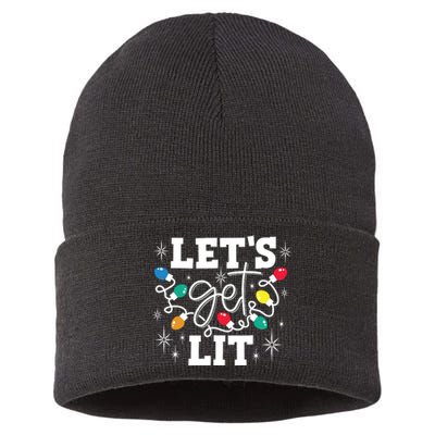 Lets Get Lit Drinking Santa Hat Christmas Lights Funny Sustainable Knit Beanie