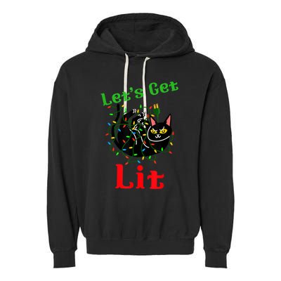 LetS Get Lit Funny Christmas Holiday Cat Garment-Dyed Fleece Hoodie