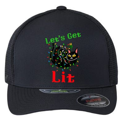 LetS Get Lit Funny Christmas Holiday Cat Flexfit Unipanel Trucker Cap