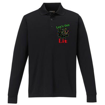 LetS Get Lit Funny Christmas Holiday Cat Performance Long Sleeve Polo