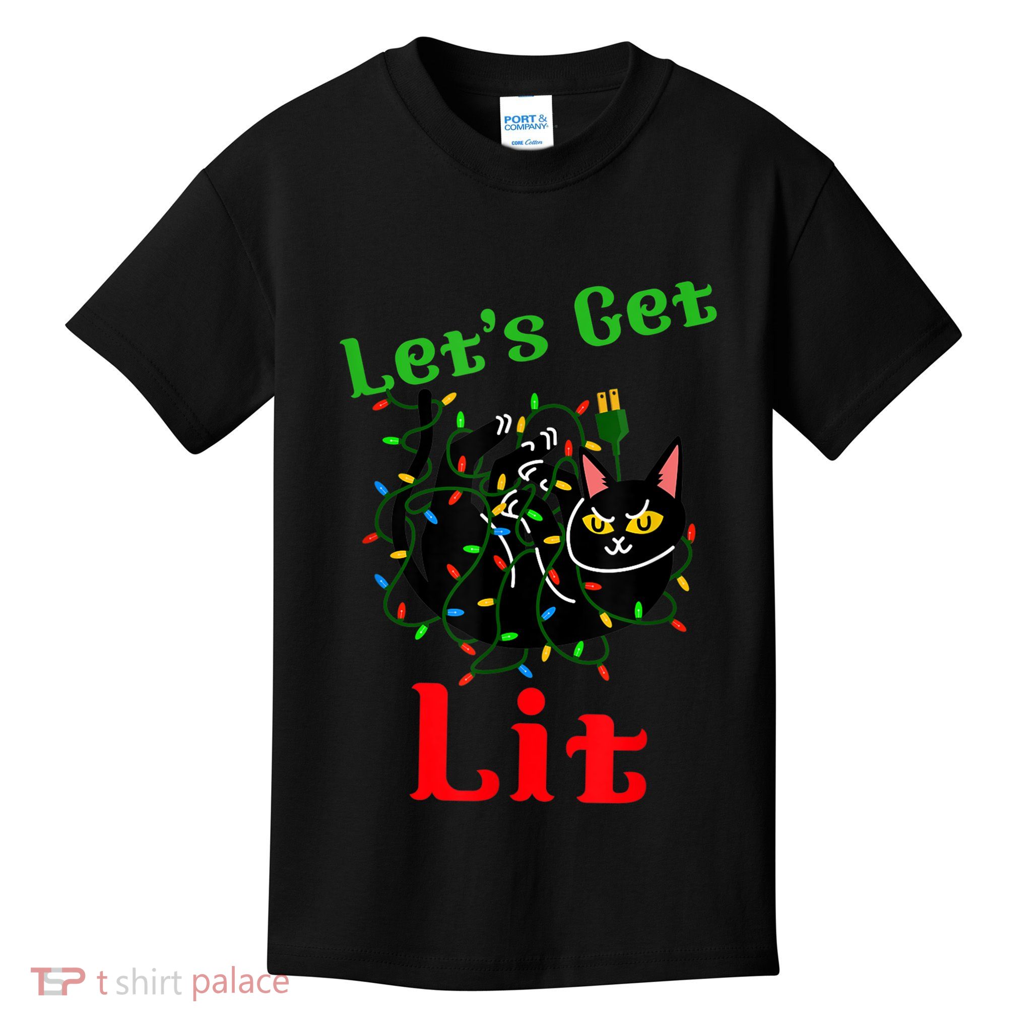 LetS Get Lit Funny Christmas Holiday Cat Kids T-Shirt