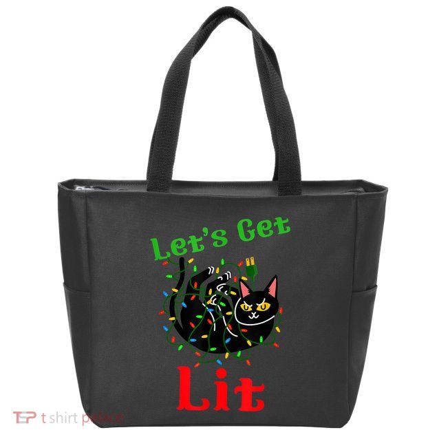 LetS Get Lit Funny Christmas Holiday Cat Zip Tote Bag