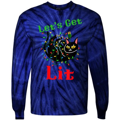 LetS Get Lit Funny Christmas Holiday Cat Tie-Dye Long Sleeve Shirt