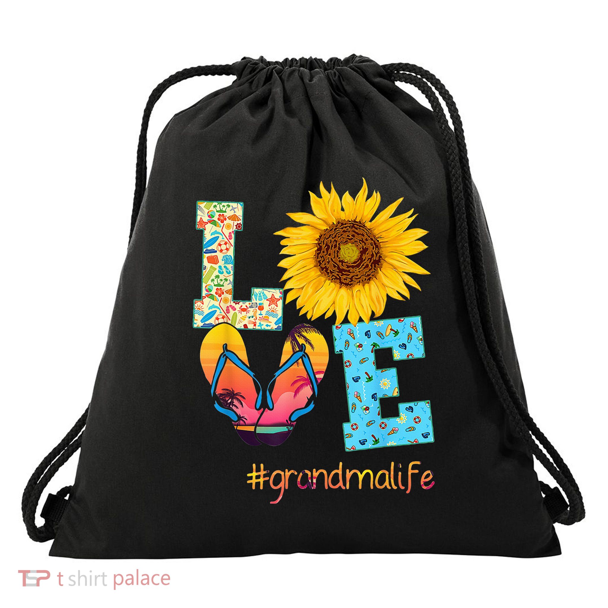 Love Grandma Life Flip Flops Hippie Sunflower Summer Drawstring Bag