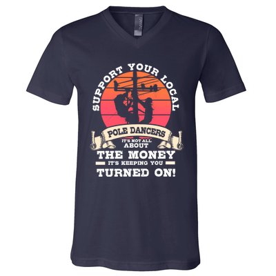 Lineman Gifts Line Worker Image On Back Of V-Neck T-Shirt