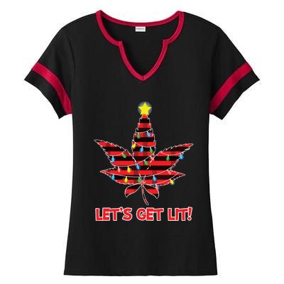 Lets Get Lit Christmas Marijuana Cannabis Weed Ugly Ladies Halftime Notch Neck Tee