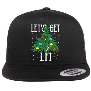 Lets Get Lit Marijuana Leaf Christmas Tree Cannabis Weed Flat Bill Trucker Hat