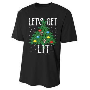 Lets Get Lit Marijuana Leaf Christmas Tree Cannabis Weed Performance Sprint T-Shirt