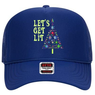 Let's Get Ligift Christmas Tree Lights Xmas Pajama Cute Gift High Crown Mesh Back Trucker Hat