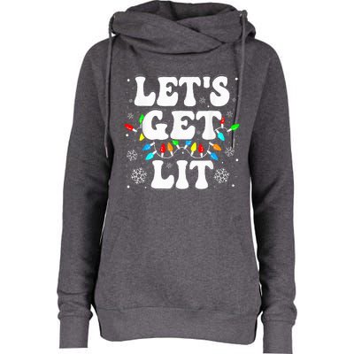 Let's Get Lit Funny Christmas Lights Xmas Pajamas Holiday  Womens Funnel Neck Pullover Hood