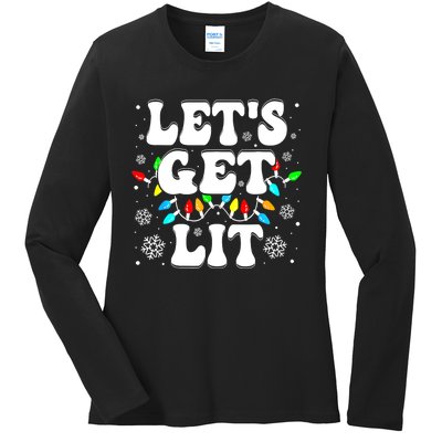 LetS Get Lit Funny Christmas Lights Xmas Pajamas Holiday Ladies Long Sleeve Shirt