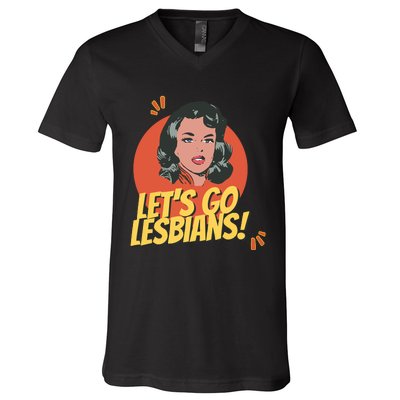 Lets Go Lesbians! Retro Lesbian Subtle V-Neck T-Shirt