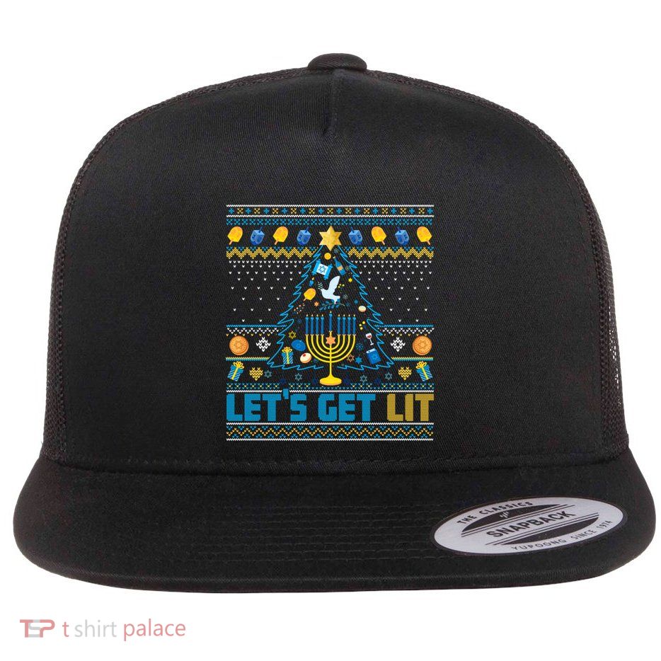 Lets Get Lit Orah Christmas Tree Ugly Hanukkah Great Gift Flat Bill Trucker Hat