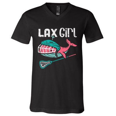 Lax Girl Lacrosse Whale Cute Sport Player Goalie V-Neck T-Shirt