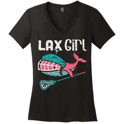 Lax Girl Lacrosse Whale Cute Sport Player Goalie Women's V-Neck T-Shirt