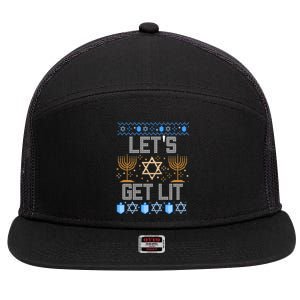 Lets Get Lit Orah Jewish Pun Ugly Hanukkah Chanukah Great Gift 7 Panel Mesh Trucker Snapback Hat