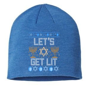 Lets Get Lit Orah Jewish Pun Ugly Hanukkah Chanukah Great Gift Sustainable Beanie