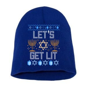 Lets Get Lit Orah Jewish Pun Ugly Hanukkah Chanukah Great Gift Short Acrylic Beanie