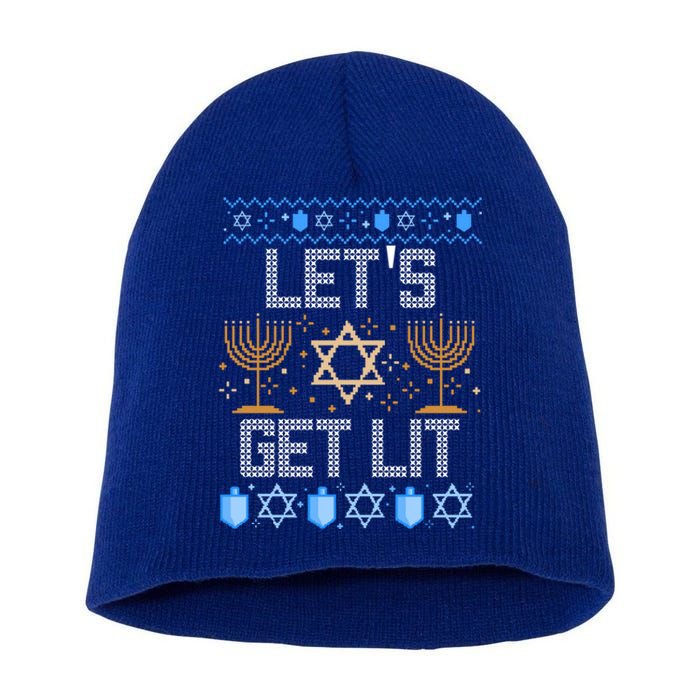 Lets Get Lit Orah Jewish Pun Ugly Hanukkah Chanukah Great Gift Short Acrylic Beanie