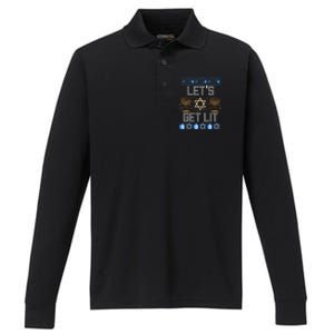 Lets Get Lit Orah Jewish Pun Ugly Hanukkah Chanukah Meaningful Gift Performance Long Sleeve Polo